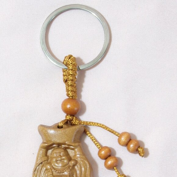 Laughing Buddha Keychain Hotei Carved Peach Wood Pendant Abundance Good Luck Fas - Picture 3 of 8